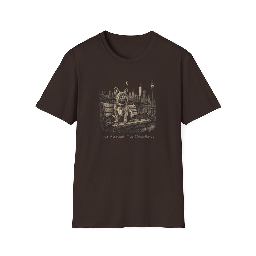 Frenchie On A Park Bench Assessed Dog T-Shirt