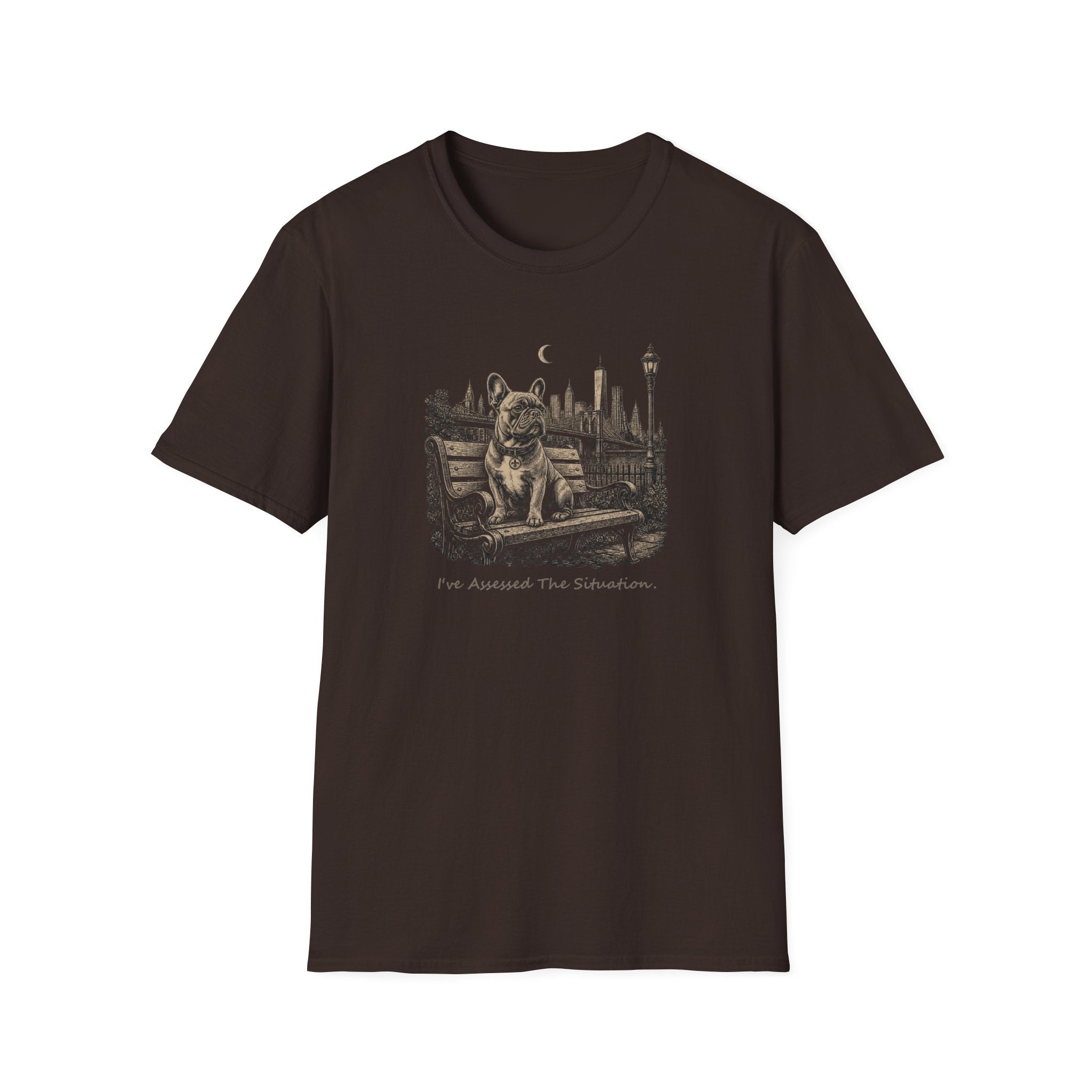 Frenchie On A Park Bench Assessed Dog T-Shirt