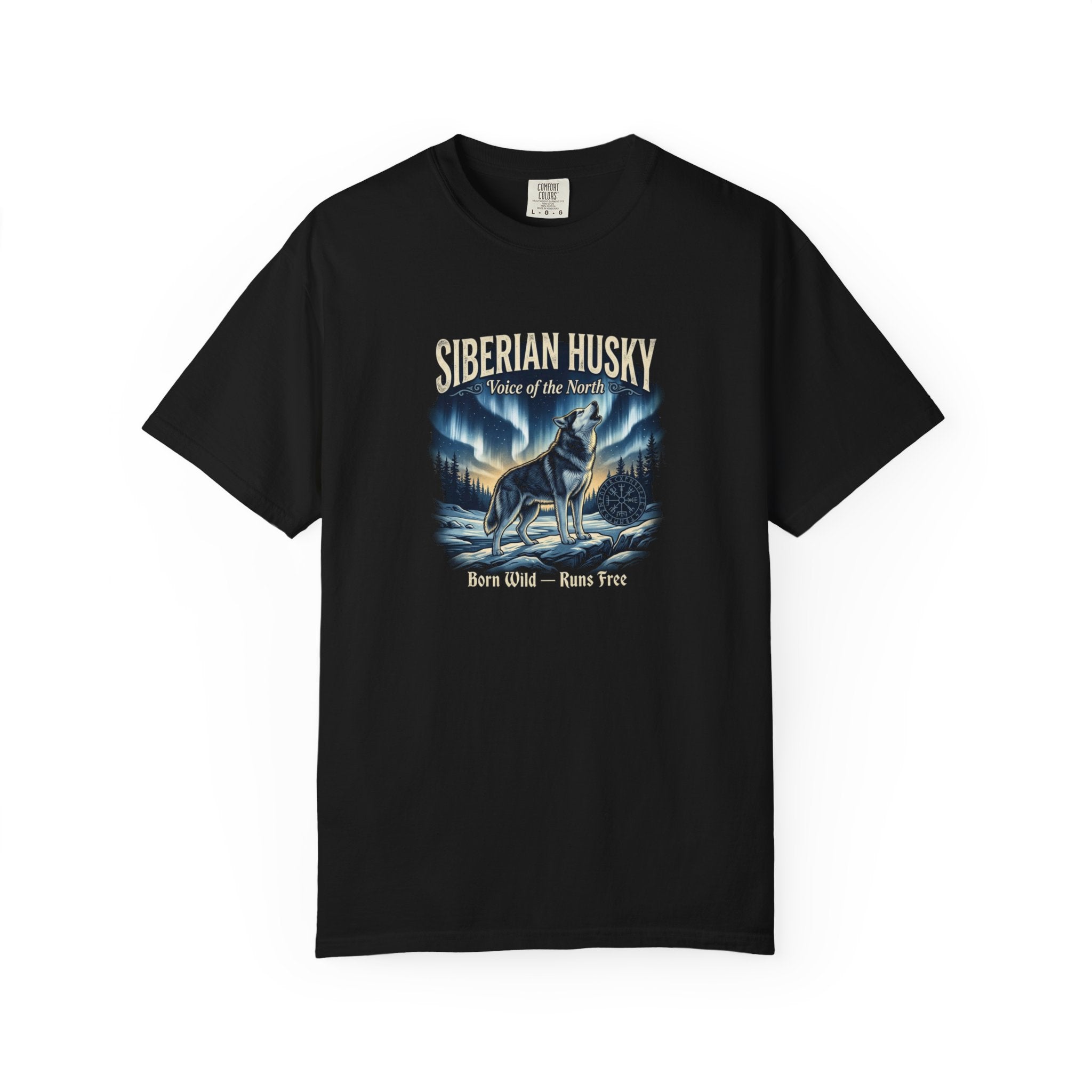 Siberian Husky Dog T-Shirt — "Born Wild — Runs Free" Vintage Husky Graphic