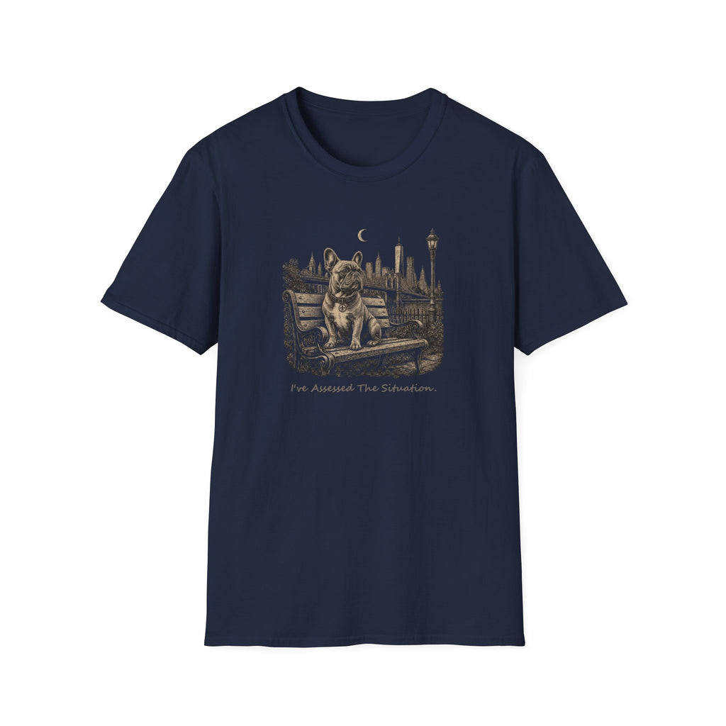 Frenchie On A Park Bench Assessed Dog T-Shirt