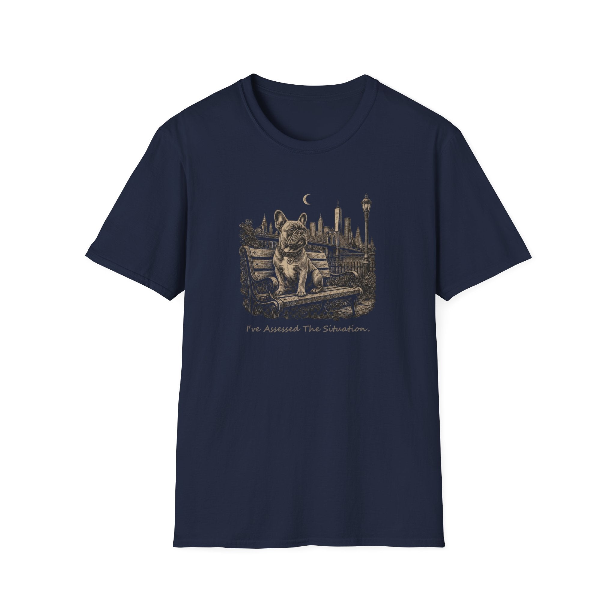 Frenchie On A Park Bench Assessed Dog T-Shirt
